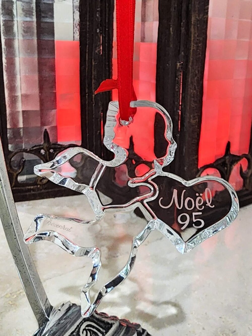 Baccarat France Clear Crystal Angel Holding Heart Noel Ornament Red Ribbon